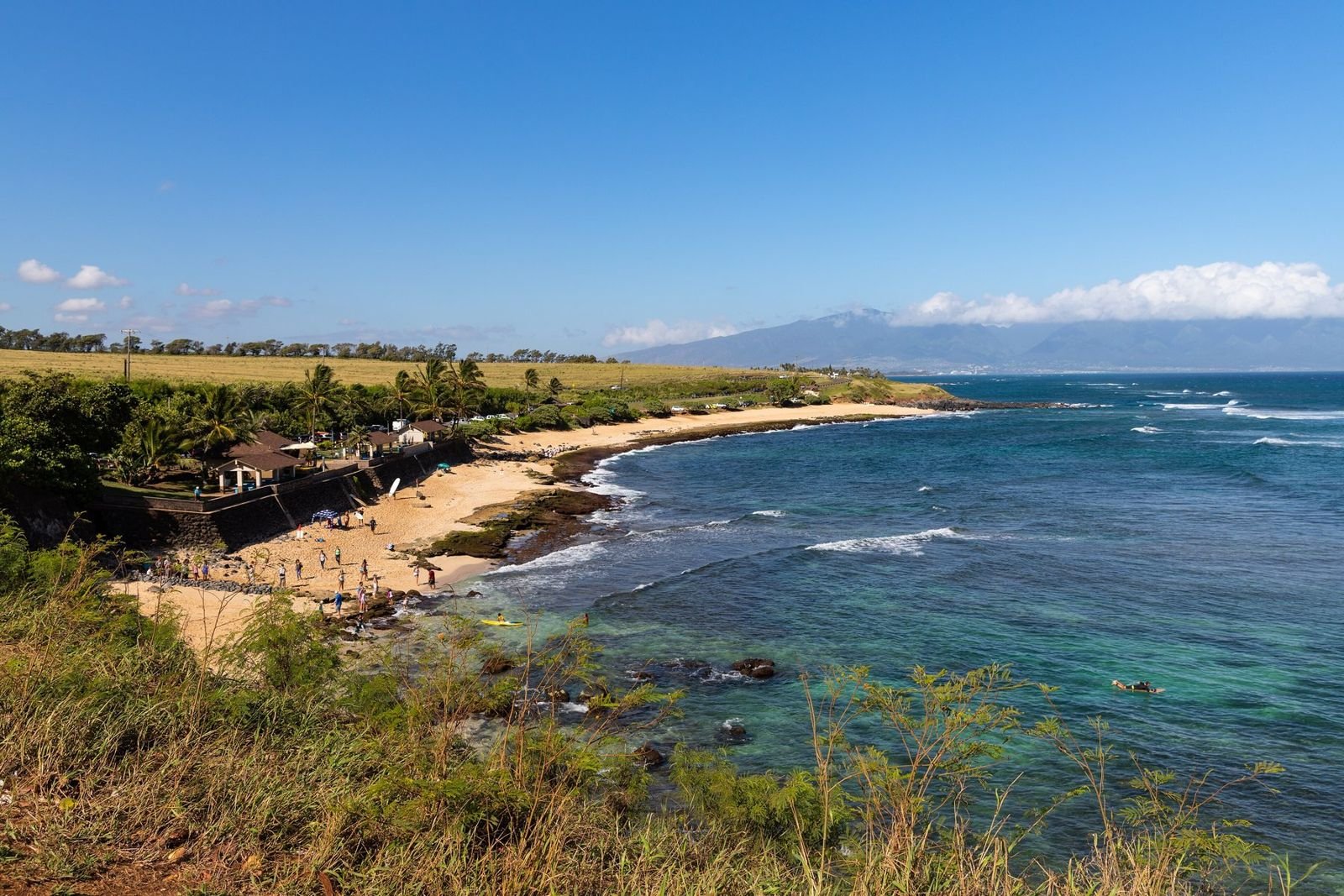 Ho'okipa Beach Park from the bluff with the bay, the reef and the West Maui Mountains behind.