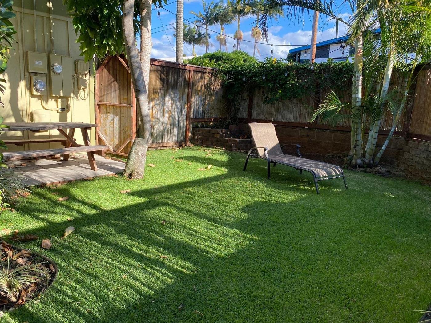 The fenced back lawn with a sun lounger, a picnic table and palms.